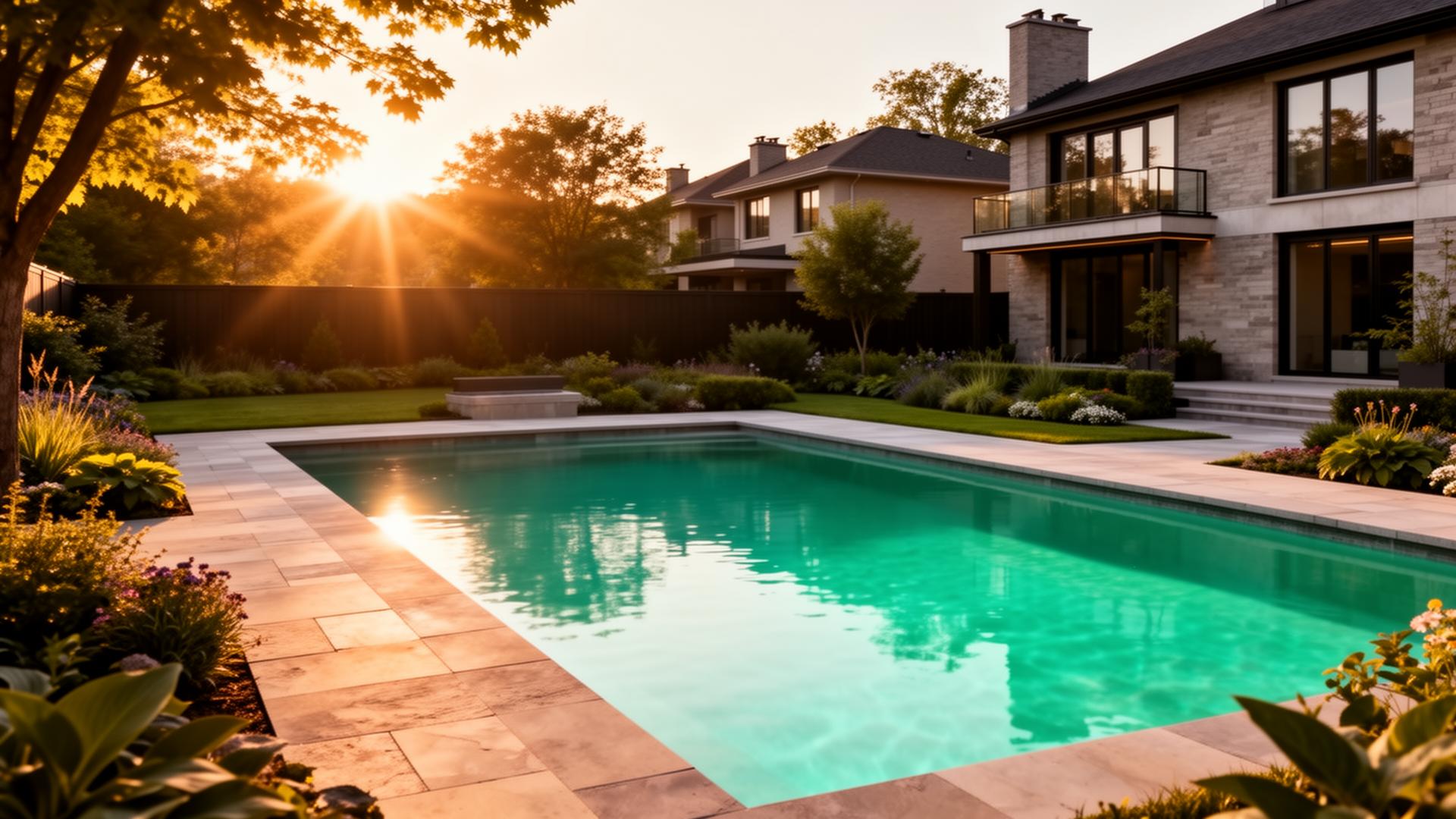Crystal-clear backyard swimming pool maintained by Aqua Vif in Montreal at sunset